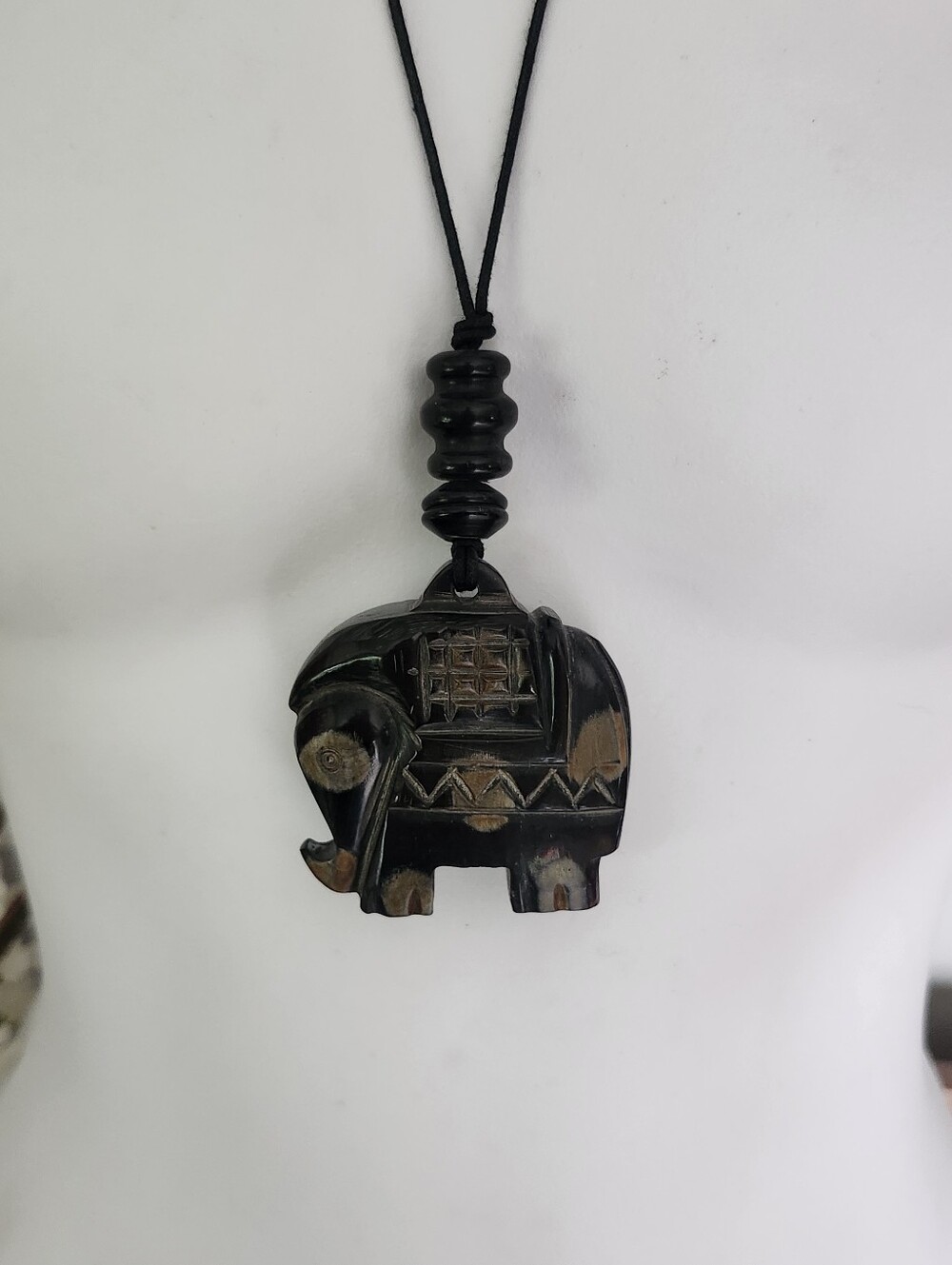 Carved Elephant Pendant Necklace in Dark Brown / Black